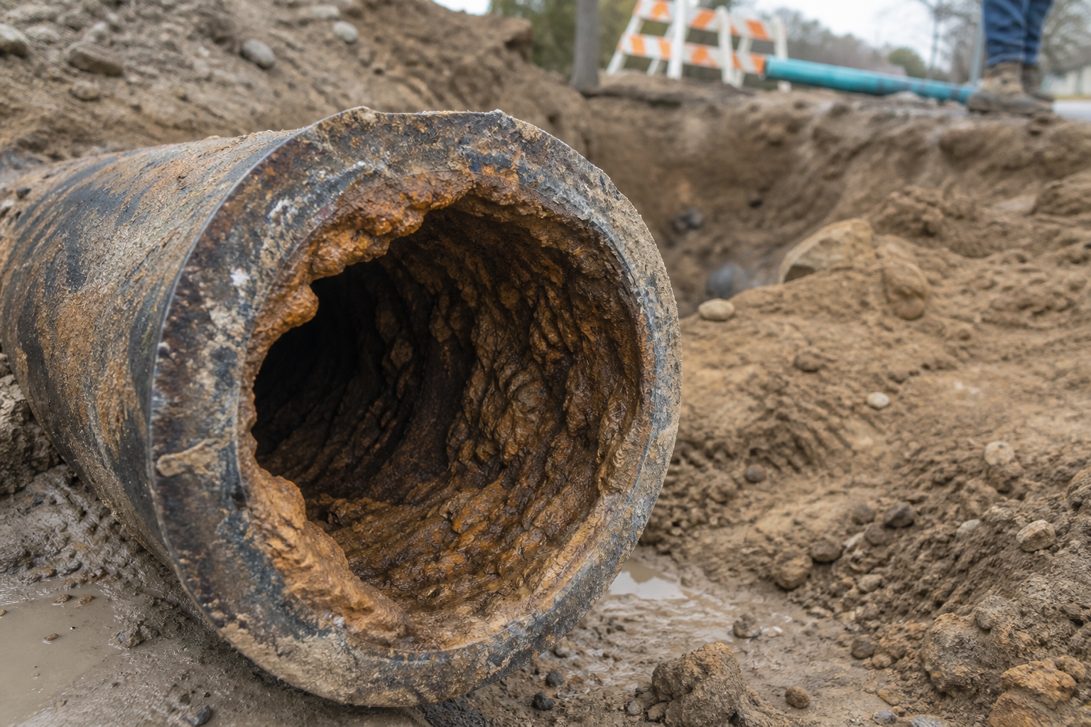 Cutaway view illustrating rust and mineral accumulation inside an aging municipal water main