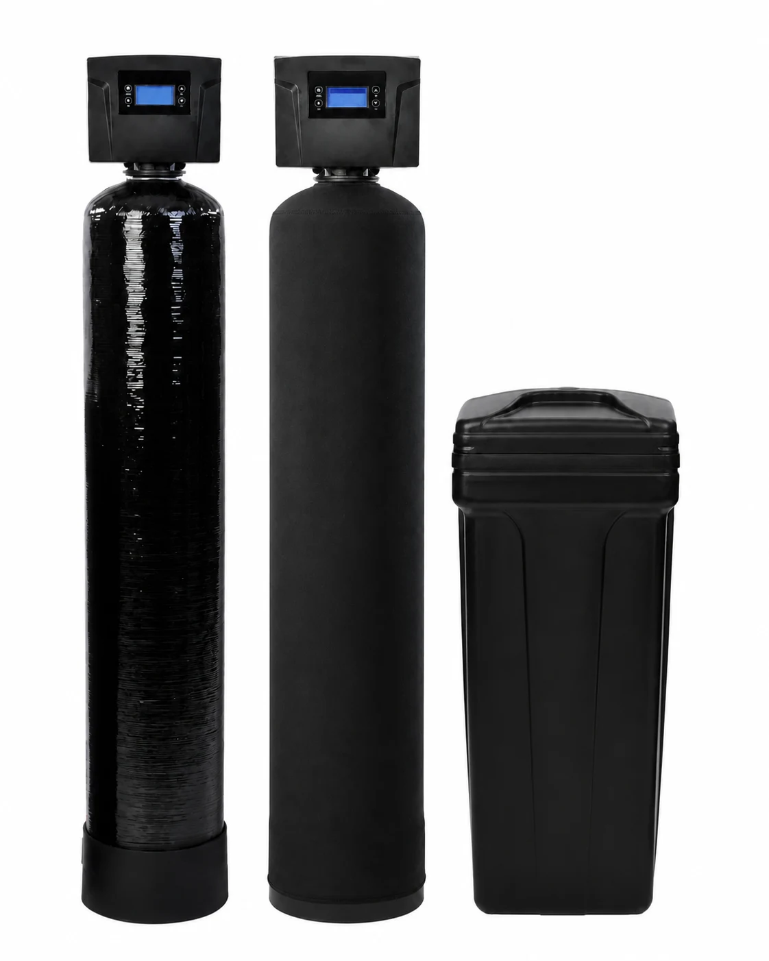 Dual-tank system with dedicated water softener, separate catalytic carbon treatment tank, and brine tank