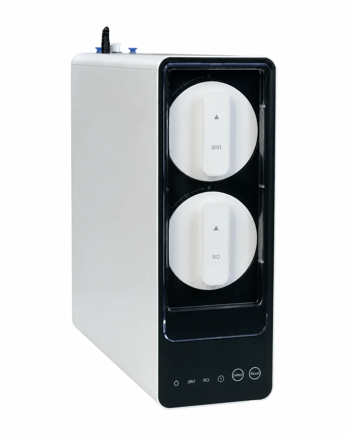 Unbranded tankless reverse osmosis unit with twin quick-change cartridges